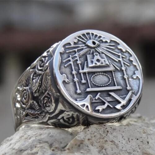 Mens Stainless Steel Silver Color Ring Freemason Special Symbol Rings Mens Freemason Knight Jewelry