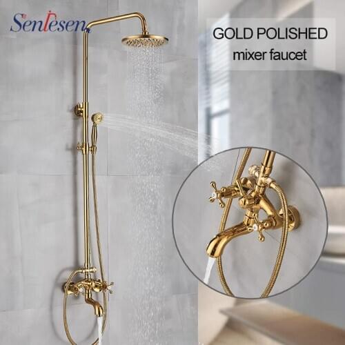 Senlesen Shower Faucet Golden Polished Brass 8" Round Rain Shower Head Hand Shower Sprayer Wall Mount Tap Hand Shower Mixer