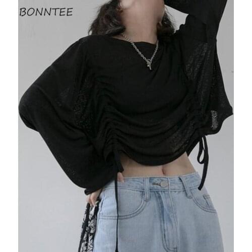 Long Sleeve T-shirts Women Sun-proof Summer Harajuku Teens Crop Top Shirring Chic College Girl Graphic Tee All-match Streetwear