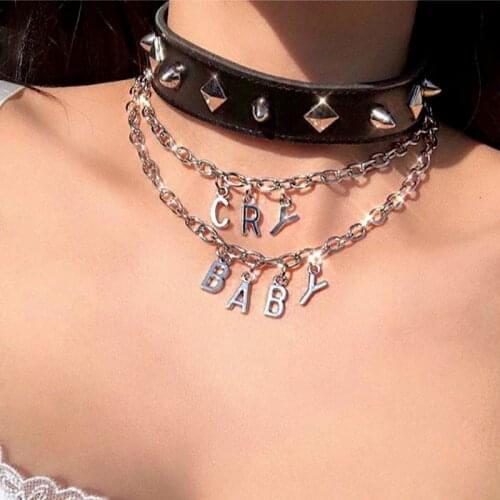 Kpop Gothic Style Women Neck Chain Streetwear CRY BABY Couple Pendant And Necklace Letter Word Collar for Girl Goth Jewelry 2021