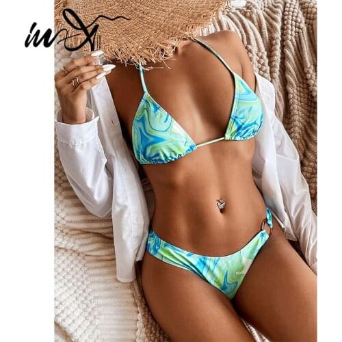 In-X Sexy halter bikini 2021 Print swimsuit women Ring swimwear female String 2 pieces set Triangle bathing suit beach wear XL