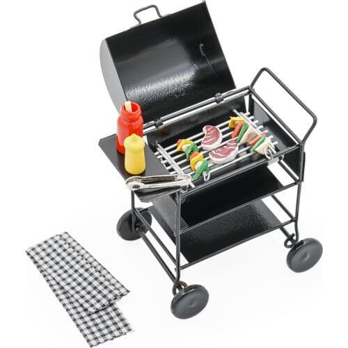 Odoria 1:12 Miniature Metal Black BBQ Grill with Food Tong Cloth Set Garden Outdoor Cookware Kitchen Dollhouse Accessories Decor