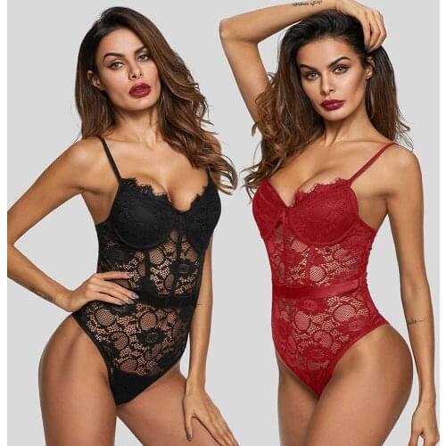 Fashion Black Lace Sexy Bodysuit Chic Teddy Streetwear Tops Womens Mesh Transparent Hollow Shoulder Strap Bra Jumpsuit