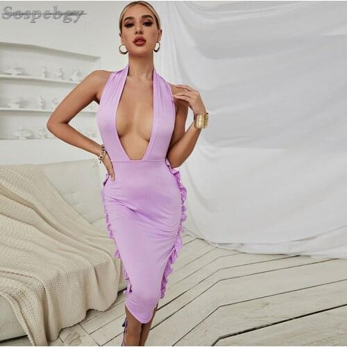 Fashion Womens Deep V-Neck Ruffled Bodycon Midi Dress Sexy Off-Shoulder Backless Ladies Nightclub Party Dress Vestidos