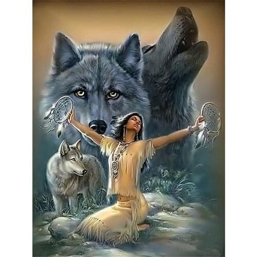 Indian Wolf Animal DIY 11CT Embroidery Cross Stitch Kits Craft Needlework Set Printed Canvas Cotton Thread Home Design