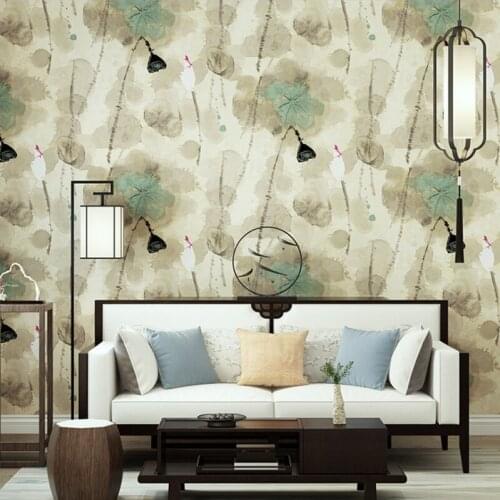 Chinese Style Ink Painting Printed Lotus Flowers Non-woven Wallpaper for Bedroom Living Room Study Room Background Wall Paper
