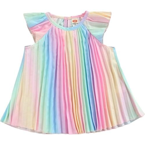 Toddler Girls Dress Cute Rainbow Striped Print Fly Sleeve Tulle Summer Princess Dress Sundress