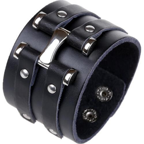 Retro Trendy Casual Punk Rock Ethnic Wide Wrap Brown Black H Charm Genuine Men Leather Bracelets Bangle Wholesale Jewelry