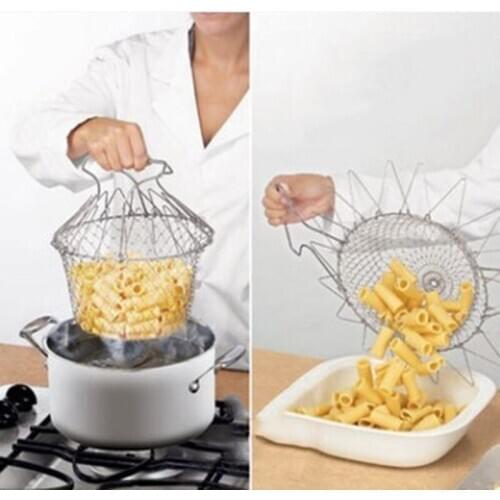 Foldable Steam Rinse Strainer Stainless Steel Colander Magic Mesh Basket Drainer Frying French Fryer Tool Kitchen Cooking Basket