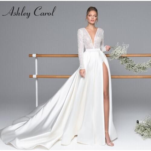 Ashley Carol A-Line Wedding Dress 2021 Shining Beading Long Sleeve V-Neckline Bride Elegant Satin Slit-Hem Princess Bridal Gown