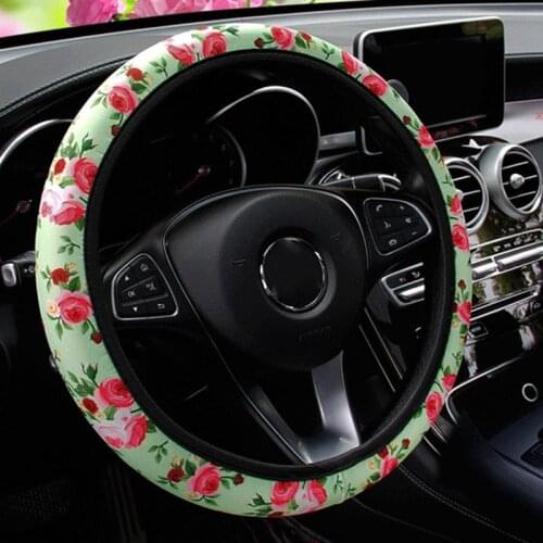 Universal Leather Auto Car Steering Wheel Cover Anti Slip Rose Flower Car Styling Steering-wheel Covers For Women Girls Ladies