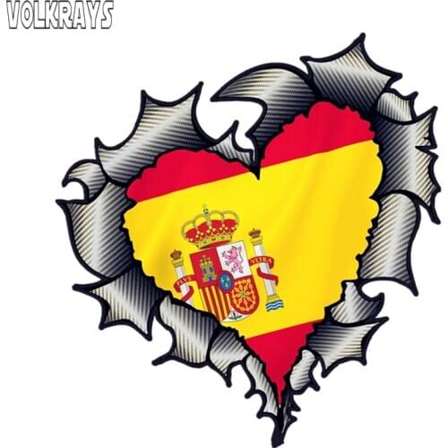 Volkrays Creative Car Sticker Ripped Torn Metal Heart with Spain Spanish Flag Decal Waterproof Sunscreen Decals PVC,15cm*14cm