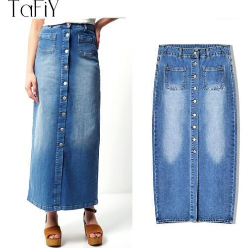 TaFiY 2017Women Euro Style Denim Skirt High Waist Skirt Single-Breasted Jeans Skirt Front Slit Summer Spring Straight Long skirt