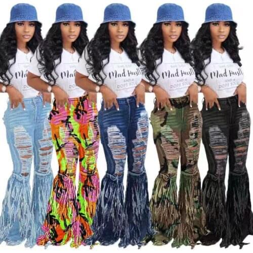 Womens mother jeans sexy frayed fringed brushed jeans casual flared pants S3840