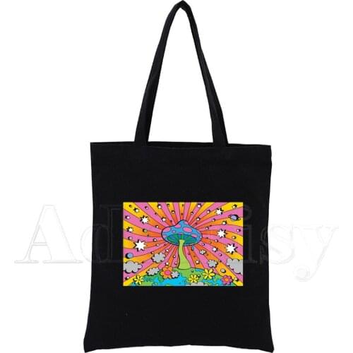 Mushroom Women Handbags Black Canvas Tote Shopping Bags Reusable Shopping Bag Eco Foldable