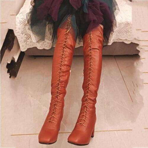 Women Lace Up Thigh High Boots Over the Knee Winter Warm Square Toe Block Heel Party Pumps Oxfords Casual Shoes 35 -43