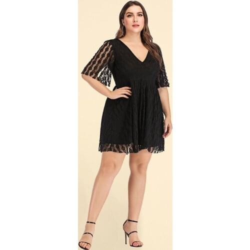 2021 Plus Size Womens Summer New V-Neck Sexy Backless Waist Black Lace Dress