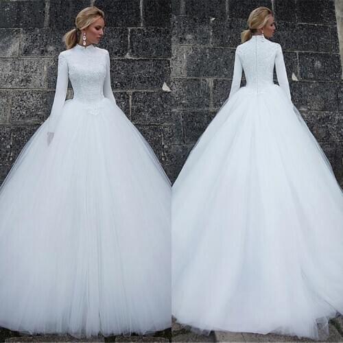 2021 High Collar Arabic Muslim Women Wedding Gowns White Applique Lace Wedding Dress Long Sleeve vestido longo