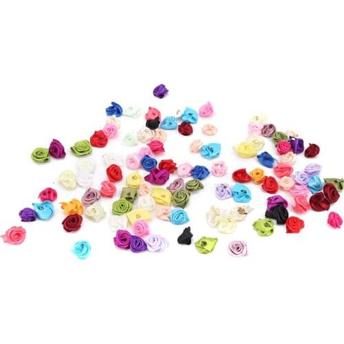 100pcs Mix Color Handmade Small Rose Flower Mini Satin Ribbon Rose Head Wedding Scrapbooking Decoration Clothes Accessories