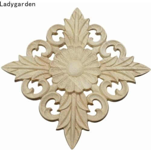 2PCS Wooden Applique Onlay Wood Craft Carved Decor Unpainted Antique Statues Rubber Wood Sculptures Furniture Home Cabinet