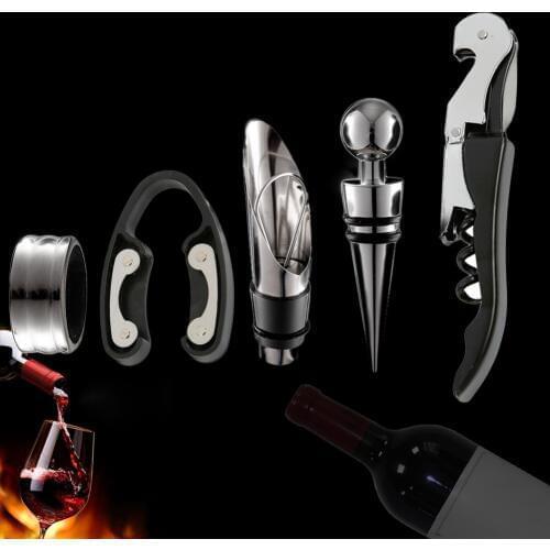 New Arrival 5Pcs Stainless Steel Wine Opener Kit Pourer Wine Ring Wine Decanter Bottle Opener Cutter Wine Accessory Kit Gifts