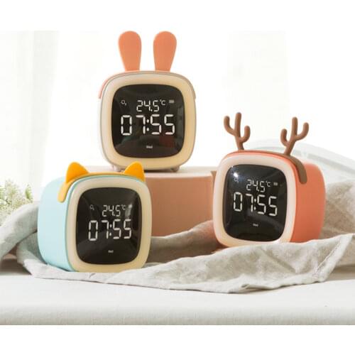 Alarm Clock Night Light Cute Cartoon Digital LED Snooze for Kids Child USB Rechargeable Battery Desktop Desk Table Alarm Clock