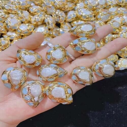 24K Space Beads New Jewelry Finding Natural Pearl Connector Beads DIY Making Pearl Larimar Beads 10pcs Drop Shape