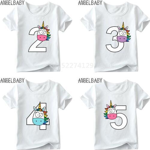 Boys/Girls Happy Birthday Rainbow Unicorn Number 1-9 Print T shirt Children Funny Gift Clothes Kids Cartoon Baby T shirt,ooo5239