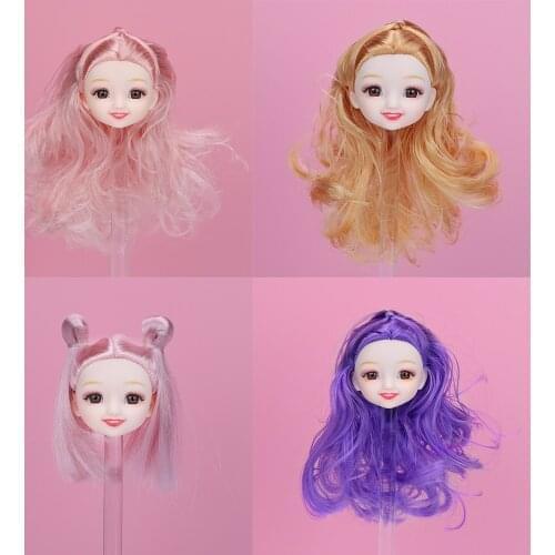 3D Eyes BJD Doll Head With Curly Straight Hair For 1/12 Ball Joints Doll 16cm Doll Sculpt Body Accessories Parts DIY Replacement