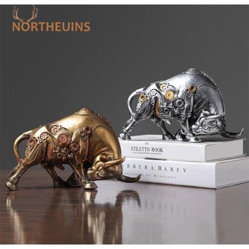 NORTHEUINS Resin Mechanical Gearwheel Bull Figurines Creative American Industrial Style Gear Animal Bull Symbol Of The Year 2021