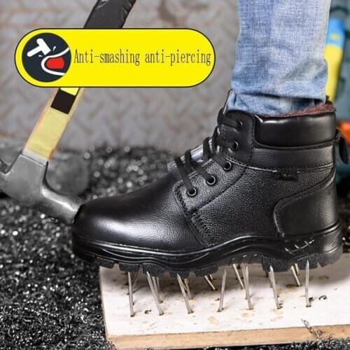 2019 winter High Help Labor Protection Cotton Mens Shoes Anti-smashing Work shoes Steel Head Cowhide Mens Cotton Safety Shoes