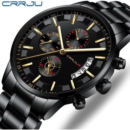 CRRJU New Sport Chronograph Mens Watches Top Brand Luxury Full Steel Quartz Clock Waterproof Big Dial Watch Men Relogio Masculin