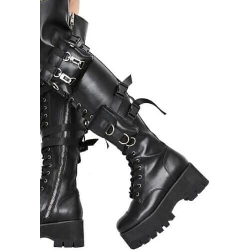 New Woman Black Punk Style Pocket Over The Knee Boots Lace Up Zipper Thick Sole Wallet Platform Round Toe Long Boots Shoes Woman