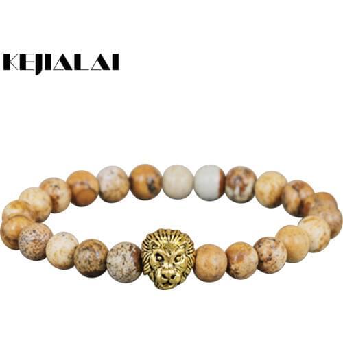 New Design Mens Jewelry Retail 8mm Natural Picture Stone Beads Bracelet, Antique Color Lion Head Bracelets