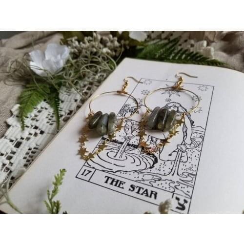 Original Design~Starry Crystal Gold Plated Hoop Earrings,Labradorite Hoop Earrings Mossy Star Labradorite Hoop Earrings