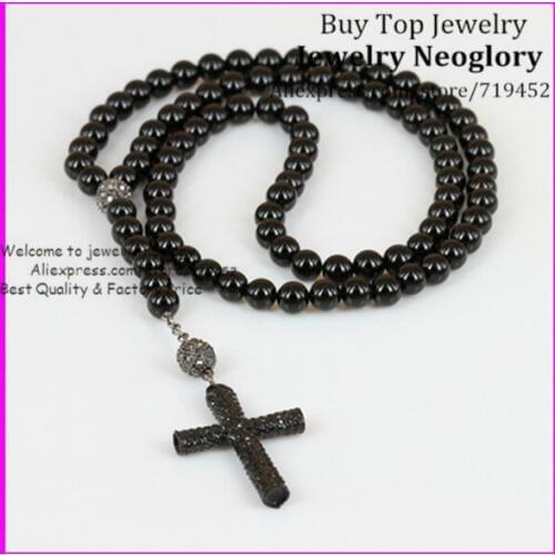 5pcs Black Onyx Stone Cross Necklace, Religious Men Necklace, Crystal Cross Pendant Necklace, Hip Hop Jewelry, Stretch Necklace