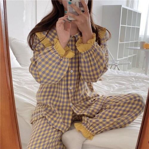 2020 Women Soft Pyjamas Cotton Home Wear Autumn Winter Pijama Female Pants Suit Lapel Plaid Pajamas Set Sleepwear