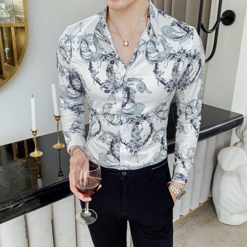 Floral Shirts 2020 Men Long Sleeve Men Dress Shirt Spring Casual Slim Fit Night Club Party Wear Tuxedo Shirt Flower Printing