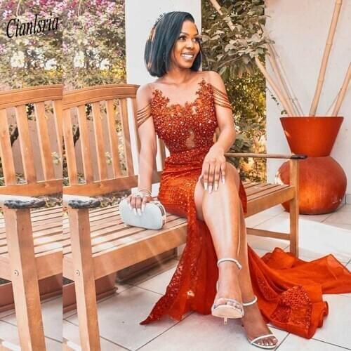 Sexy Illusion Back Front Split African Nigerian Mermaid Formal Evening Dress Appliques Lace Beading Pearls Evening Party Dresses