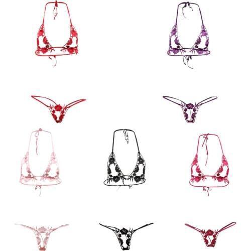 Sexy bra briefs Erotic lingerie set embroidery printing Hollow Open crotch lace Ultra-thin lingerie Sexy Perspective Bikini Sets
