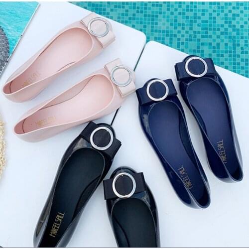 Height increasing waterproof flats jelly shoes woman bow-knot slip on loafers round toe soft sole round metalic buckle moccasins