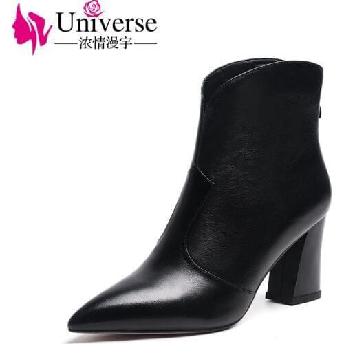 Universe Fashion Genuine Leather Women Winter Boots High Heels 7.5cm Pointed Toe Square Heels Ladies Warm Winter Boots J271