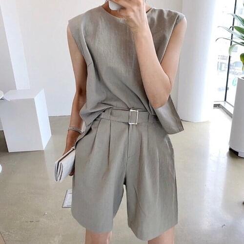 GUUZYUVIZ Casual Women Set Summer O-neck Sleeveless Vest Shirt And High Waist With Belt Shorts Solid Tracksuit Two Piece Shorts