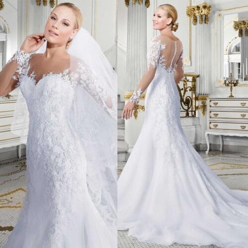 Long Sleeves Sheer Neck with Lace Applique Mermaid Wedding Dress Button Back White Bridal Gowns vestido de novia corto