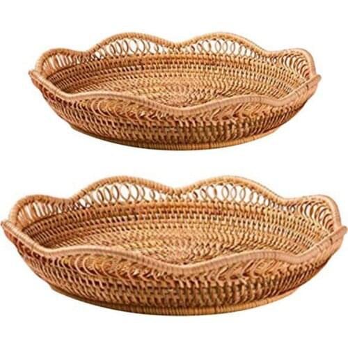 2 Pcs Hand-Woven Rattan Storage Basket Fruit Basket Wicker Woven Tray Restaurant, S-23X5.5Cm & L-28.5X6Cm