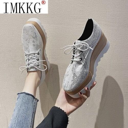 2021 Ladies Platform Shoes PU Vulcanized Shoes Lace-up Shoes Creeper Retro Snake Pattern Light-colored Sole Casual Shoes