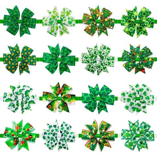 60pcs St. Patrick' s Day Dog Clover Bow Ties for Puppy Medium Collar Pet Grooming Adjustable Pet Bowties Neck Ties