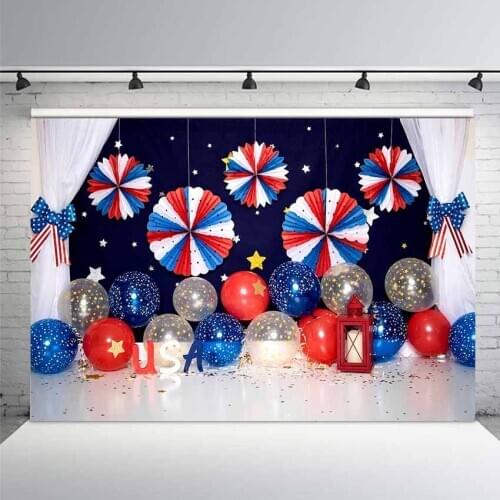 USA Patriotic Theme Photography Backdrop Baby Kids Birthday Portrait Background The Stars and Stripes Paper Fans Balloons Banner