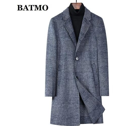 BATMO 2020 new arrival autumn high quality wool plaid trench coat men,mens wool long coat N9201