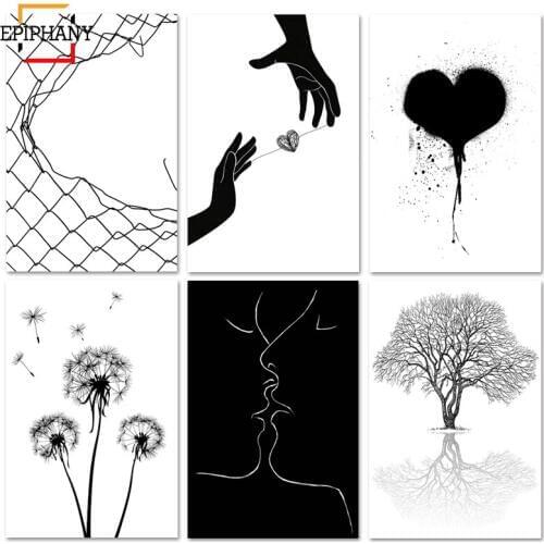 Black and White Heart Canvas Posters Dandelion Abstract Minimalist Wall Art Painting Nordic Decoration Picture Modern Home Decor